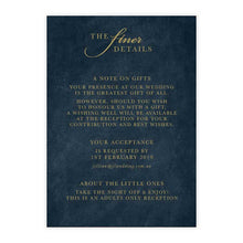 Marsala Flowers Wedding details card with gold text on a navy background