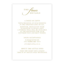 Marsala Flowers Wedding details card with gold text on a white background
