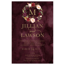 Marsala Flowers Engagement invitation with peonie floral wreath design and gold text on a burgundy background