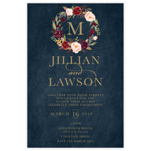 Marsala Flowers Engagement invitation with peonie floral wreath design and gold text on a navy background