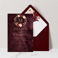 Marsala Flowers Engagement invitation with peonie floral wreath design and gold text on a burgundy background with burgundy envelope and matching floral liner