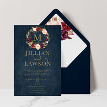 Marsala Flowers Engagement invitation with peonie floral wreath design and gold text on a navy background with navy envelope and matching floral liner