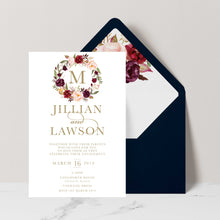Marsala Flowers Engagement invitation with peonie floral wreath design and gold text on a white background with navy envelope and matching floral liner