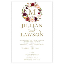 Marsala Flowers Engagement invitation with peonie floral wreath design and gold text on a white background