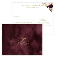 Marsala Flowers Wedding RSVP postcard with floral design front on a burgundy background
