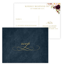 Marsala Flowers Wedding RSVP postcard with floral design front on a navy background