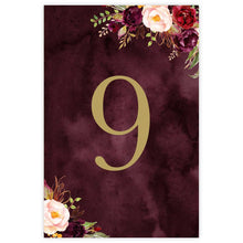 Marsala Flowers Table card featuring gold number, red, burgundy and pink peonie flowers on a burgundy background
