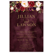 Marsala Flowers Wedding invitation with floral design and gold text on a burgundy background