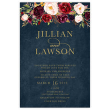 Marsala Flowers Wedding invitation with floral design and gold text on a navy background