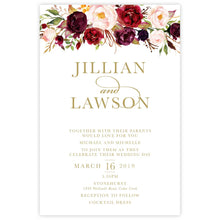 Marsala Flowers Wedding invitation with floral design and gold text on a white background