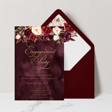 Marsala Flowers Engagement invitation with peonie floral design and gold text on a burgundy background with burgundy envelope and matching floral liner