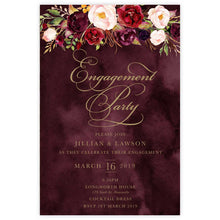 Marsala Flowers Engagement invitation with peonie floral design and gold text on a burgundy background