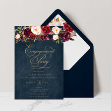 Marsala Flowers Engagement invitation with peonie floral design and gold text on a navy background with navy envelope and matching floral liner