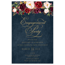 Marsala Flowers Engagement invitation with peonie floral design and gold text on a navy background 