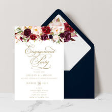 Marsala Flowers Engagement invitation with peonie floral design and gold text on a white background with navy envelope and matching floral liner