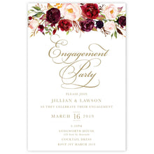 Marsala Flowers Engagement invitation with peonie floral design and gold text on a white background 