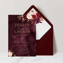 Marsala Flowers Engagement invitation with peonie floral design and gold text on a burgundy background with burgundy envelope and matching floral liner
