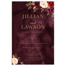 Marsala Flowers Engagement invitation with peonie floral design and gold text on a burgundy 