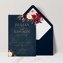 Marsala Flowers Engagement invitation with peonie floral design and gold text on a navy background with navy envelope and matching floral liner