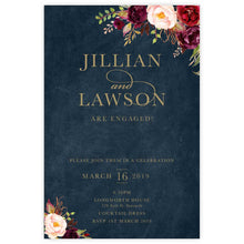Marsala Flowers Engagement invitation with peonie floral design and gold text on a navy background