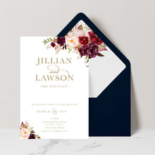 Marsala Flowers Engagement invitation with peonie floral design and gold text on a white background with white envelope and matching floral liner