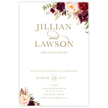 Marsala Flowers Engagement invitation with peonie floral design and gold text on a white background