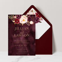 Marsala Flowers Engagement invitation with peonie floral design and gold text on a burgundy background with burgundy envelope and matching floral liner