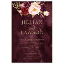Marsala Flowers Engagement invitation with peonie floral design and gold text on a burgundy background 