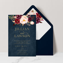 Marsala Flowers Engagement invitation with peonie floral design and gold text on a navy background with navy envelope and matching floral liner