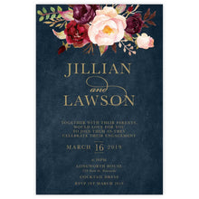 Marsala Flowers Engagement invitation with peonie floral design and gold text on a navy background