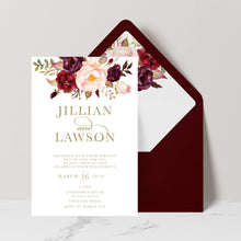 Marsala Flowers Engagement invitation with peonie floral design and gold text on a white background with burgundy envelope and matching floral liner