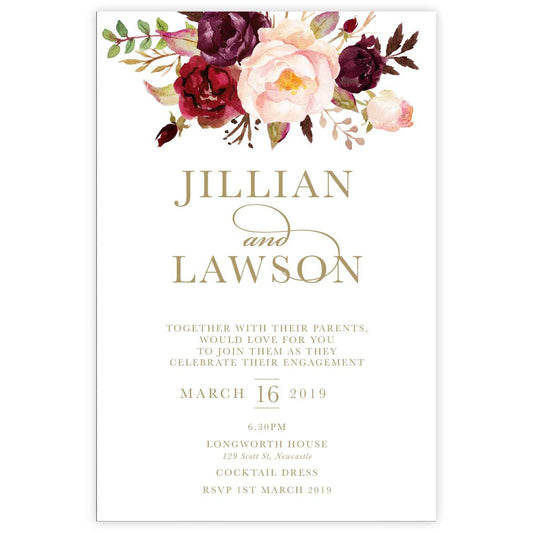 Marsala Flowers Engagement invitation with peonie floral design and gold text on a white background
