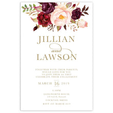 Marsala Flowers Engagement invitation with peonie floral design and gold text on a white background