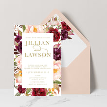 Marsala Flowers Engagement invitation with peonie floral design and gold text on a framed background with peachy envelope and matching floral liner