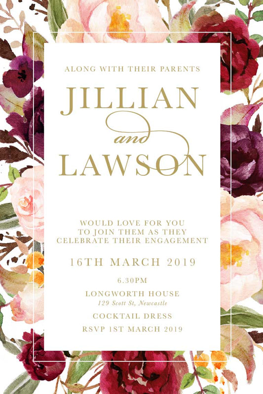 Marsala Flowers Engagement invitation with peonie floral design and gold text on a framed background 