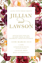 Marsala Flowers Engagement invitation with peonie floral design and gold text on a framed background 