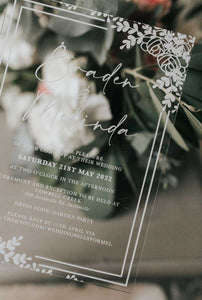 clear acrylic invitation floral rose border closeup