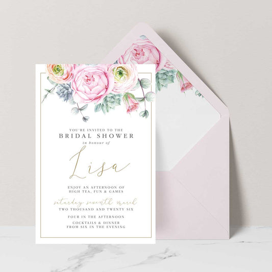 Beautiful bridal shower invitations featuring gorgeous pink peonies and succulents paired with nude envelopes and matching floral envelope liner