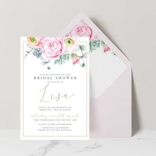 Beautiful bridal shower invitations featuring gorgeous pink peonies and succulents paired with nude envelopes and matching floral envelope liner