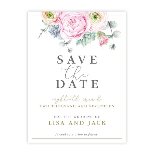 Elegant Pink Peonie Save the Date card with Gold Accents