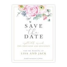 Elegant Pink Peonie Save the Date card with Gold Accents