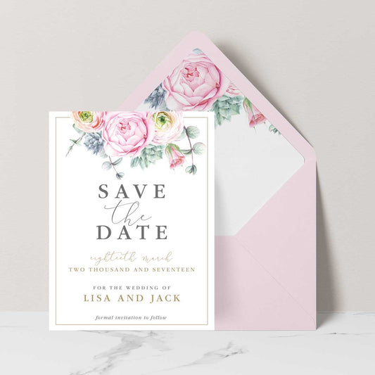 Elegant Pink Peonie Save the Date card with Gold Accents featured with pink envelope and matching envelope liner