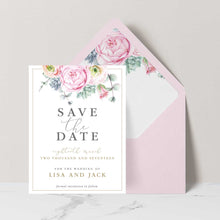 Elegant Pink Peonie Save the Date card with Gold Accents featured with pink envelope and matching envelope liner