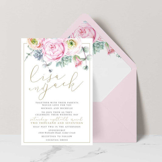 Elegant Pink Peonie Wedding Invitation with Gold Accents featured with pink envelope and matching envelope liner
