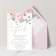 Elegant Pink Peonie Wedding Invitation with Gold Accents featured with pink envelope and matching envelope liner