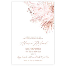 Birthday Invitation featuring soft pink orchid flowers with dried palm leaves 