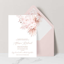 Birthday Invitation featuring soft pink orchid flowers with dried palm leaves set with nude pink envelope and liner