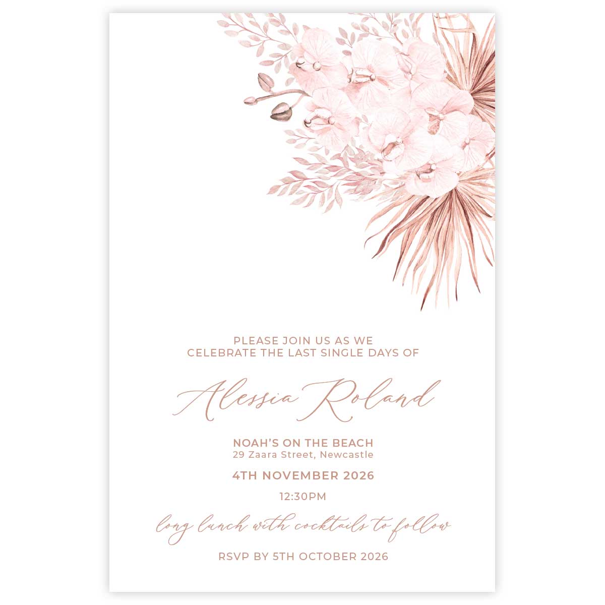Bridal Shower Invitation featuring soft pink orchid flowers with dried palm leaves