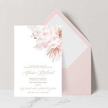 Bridal Shower Invitation featuring soft pink orchid flowers with dried palm leaves set with nude pink envelope and liner