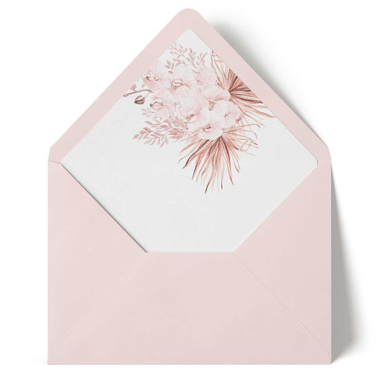 soft pink orchid and dried palm leaves envelope liner